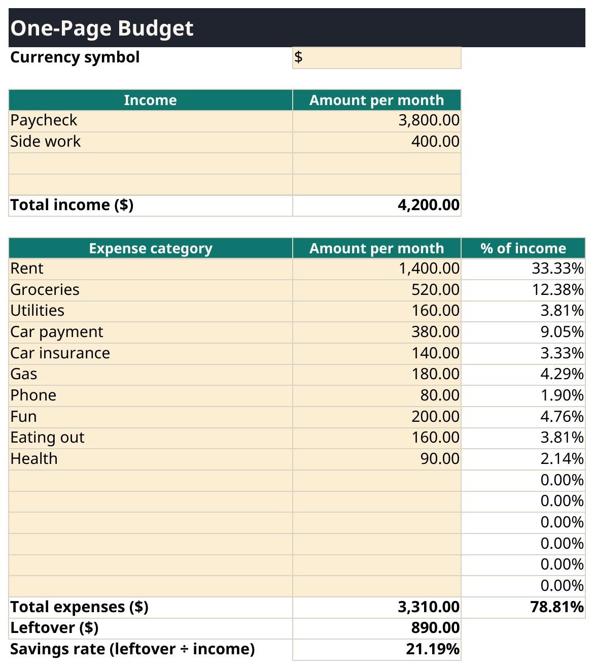 One-Page Budget Starter preview