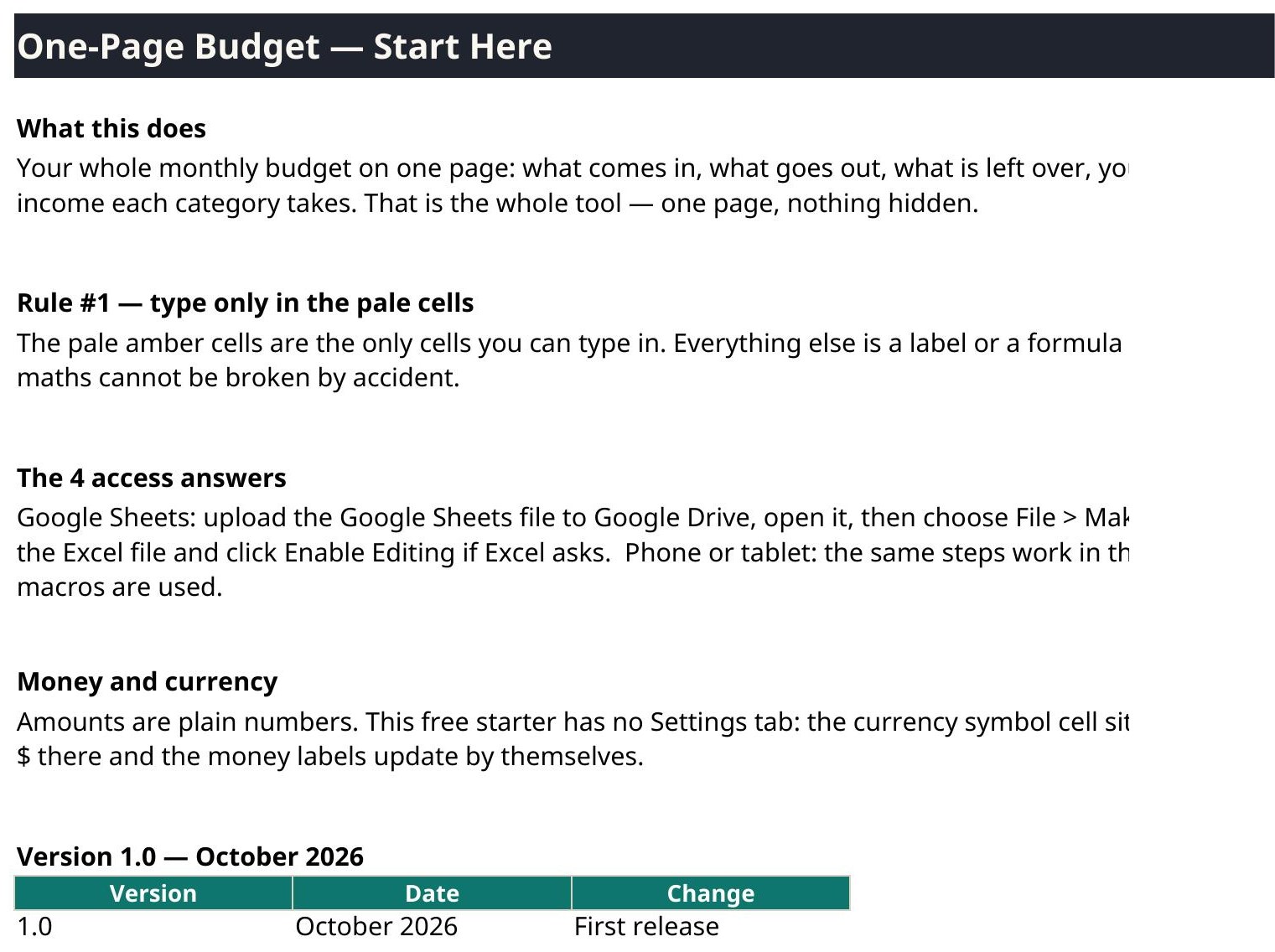 One-Page Budget Starter detail